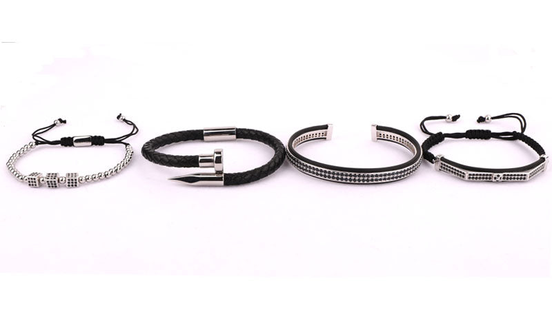 Pulsera Set Cuero y Cuencas Negra y Plateada P11000