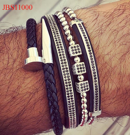 Pulsera Set Cuero y Cuencas Negra y Plateada P11000