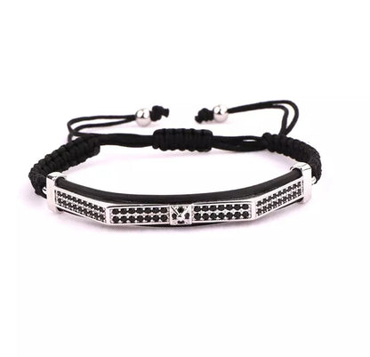 Pulsera Set Cuero y Cuencas Negra y Plateada P11000