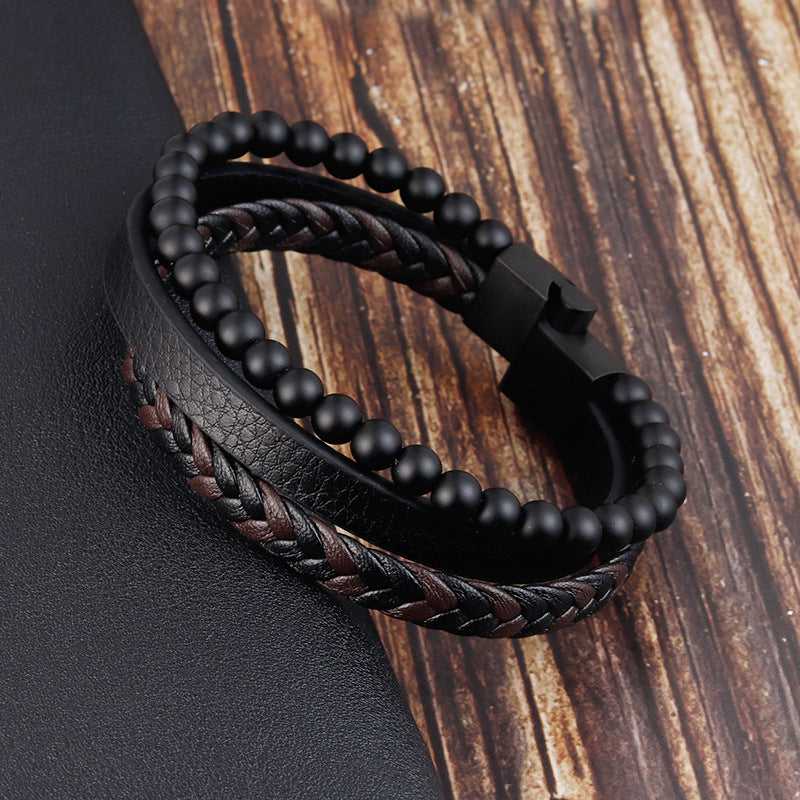 Pulsera cuero y onix mate Hombre P11326