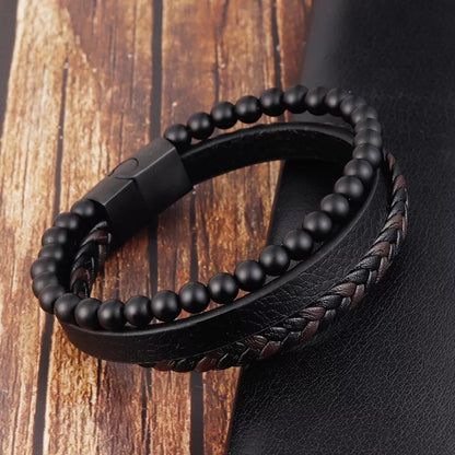 Pulsera cuero y onix mate Hombre P11326