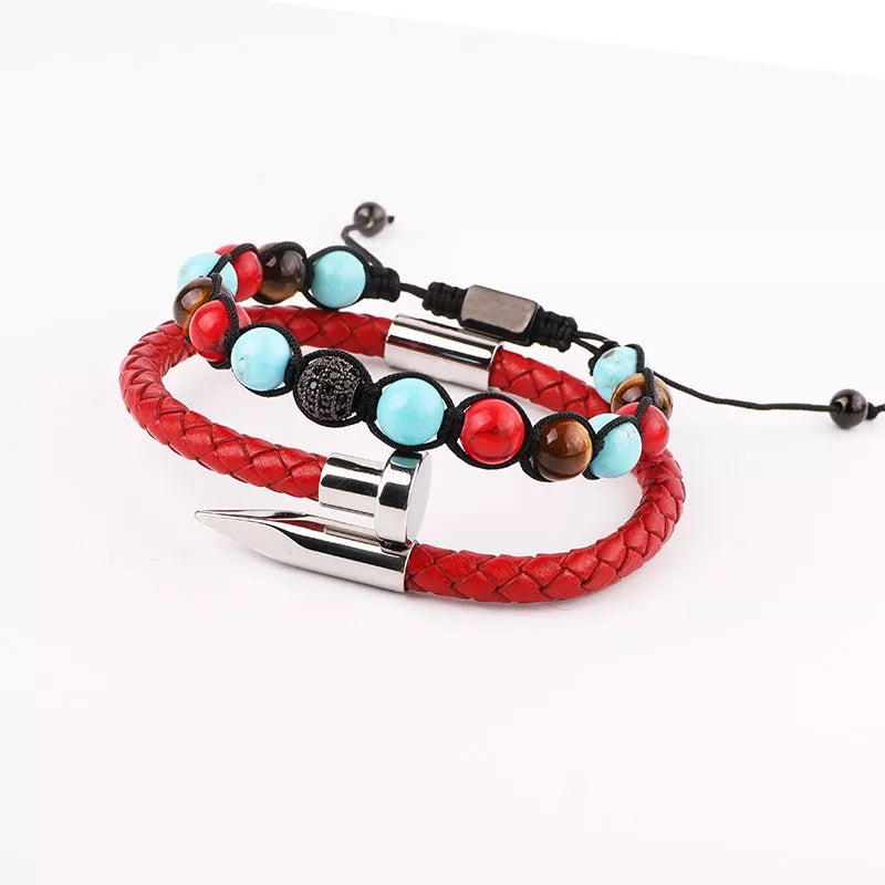 Pulsera Set Cuero Rojo y Cuencas P11511