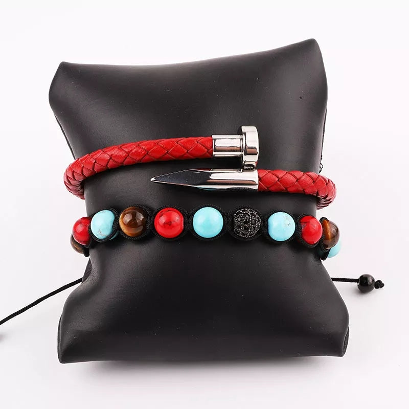 Pulsera Set Cuero Rojo y Cuencas P11511