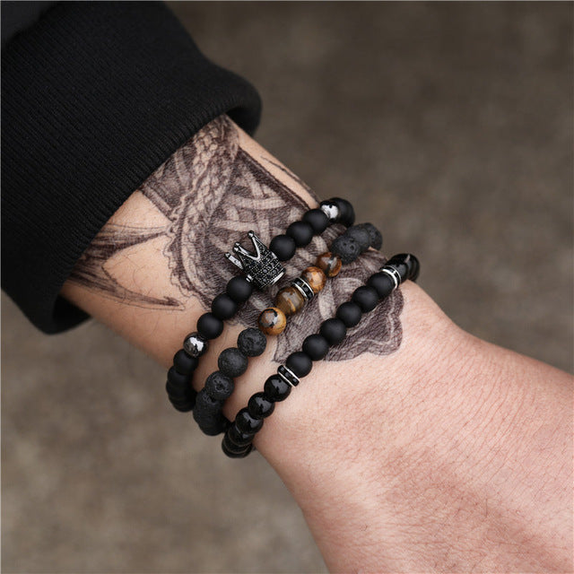 Pulsera set cuencas ojos de tigre y corona Hombre P11751